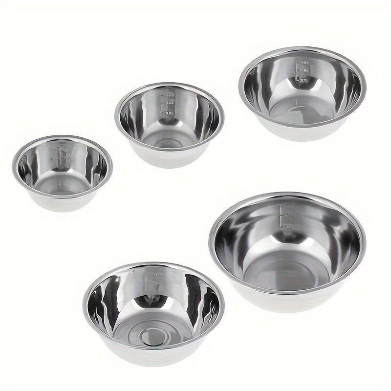 Set of 3 stainless steel mixing bowls with scales, ideal for cooking, baking, meal prep, and various kitchen tasks. Versatile for use as a cooking basin, washing bowl, fruit bowl, noodle bowl, and more. Essential kitchen accessories perfect for back to