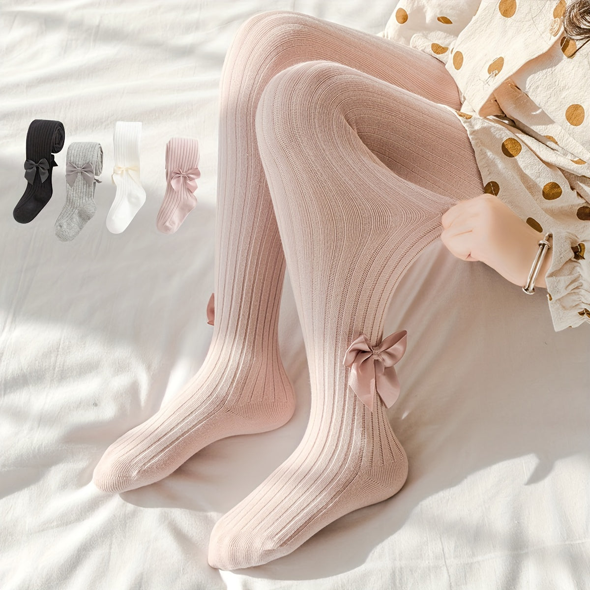 Adorable bow-knot girls' leggings socks in soft ribbed knit, perfect for dance and casual attire. Available in various colors.