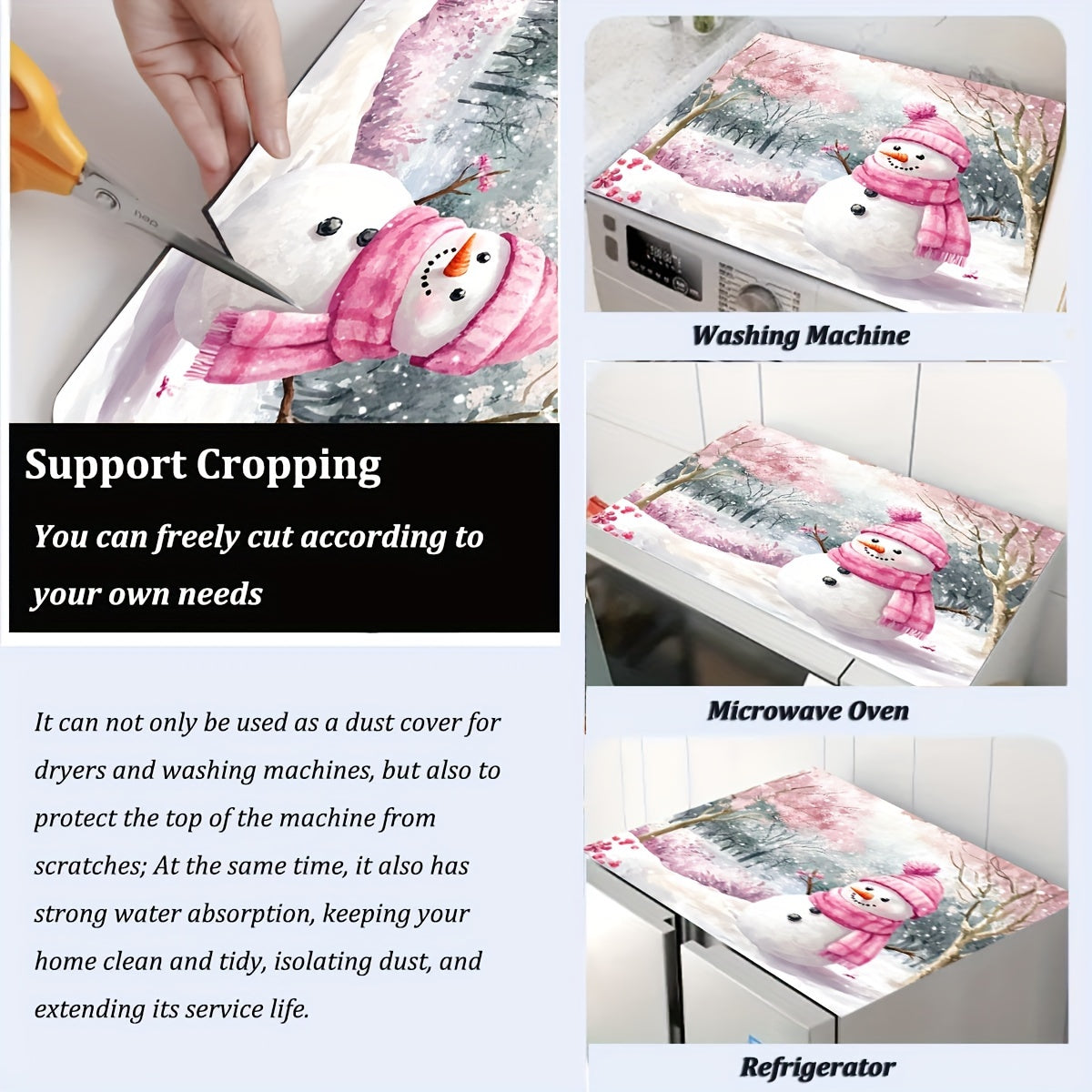 Keep your washing machine clean and festive with this 1-piece dust cover featuring a pink snowman and cherry blossom winter scene. This cover is quick-drying, absorbent, and non-slip, providing protection for your appliance and adding a decorative touch