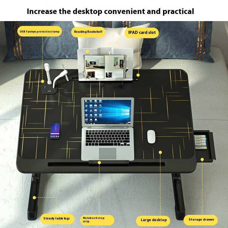 Adjustable overbed laptop desk with foldable legs and storage drawer for home and office use.