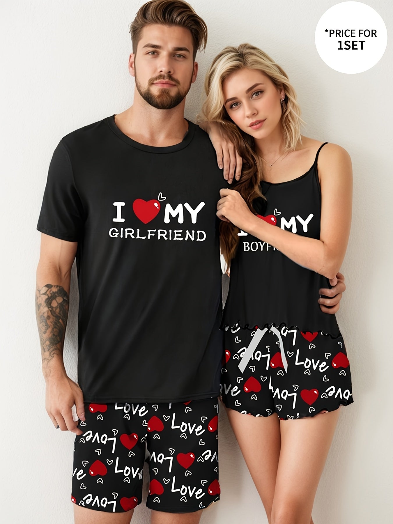 Valentine's Day Couple's Clothing Set: Black T-Shirt & Shorts, Soft Polyester Blend, Machine Washable, Comfortable Knitted Texture, Women's Clothing Sets.