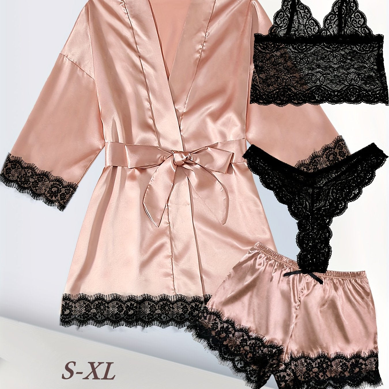 Satin lounge set with lace, robe, cami bra, thongs, and shorts for women.