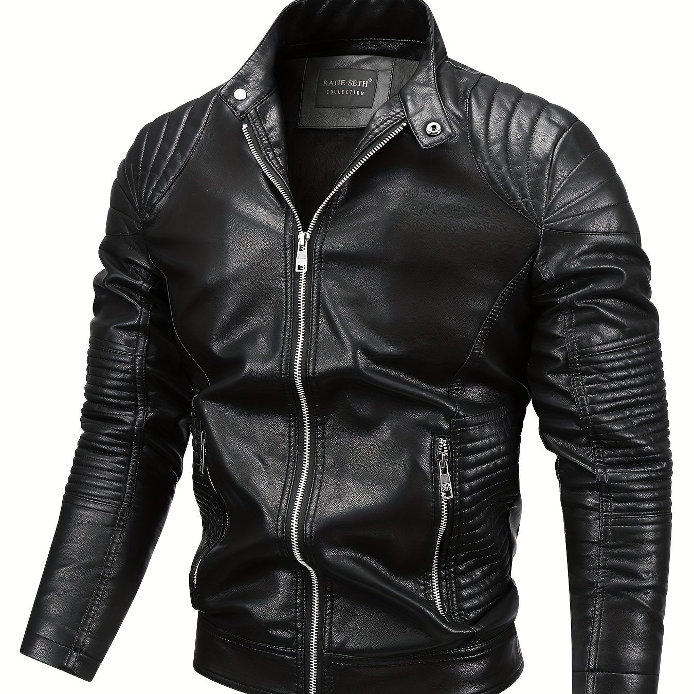 Men's black jacket with fleece lining, stand collar, side pockets, durable zipper closure for spring and fall casual attire, sleek look.