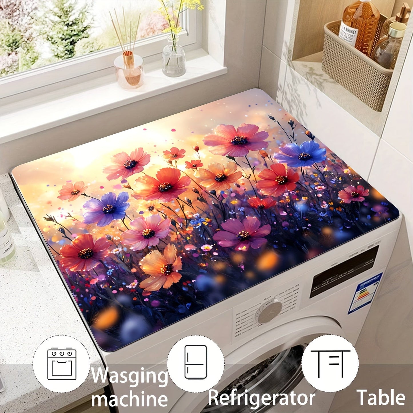 1pc Floral Washing Machine Dust Cover Mat made of polyester, perfect for protecting your washer, dryer, and small appliances. This universal quick-dry top pad is not only practical but also adds a modern touch to your home decor. Its absorbent and