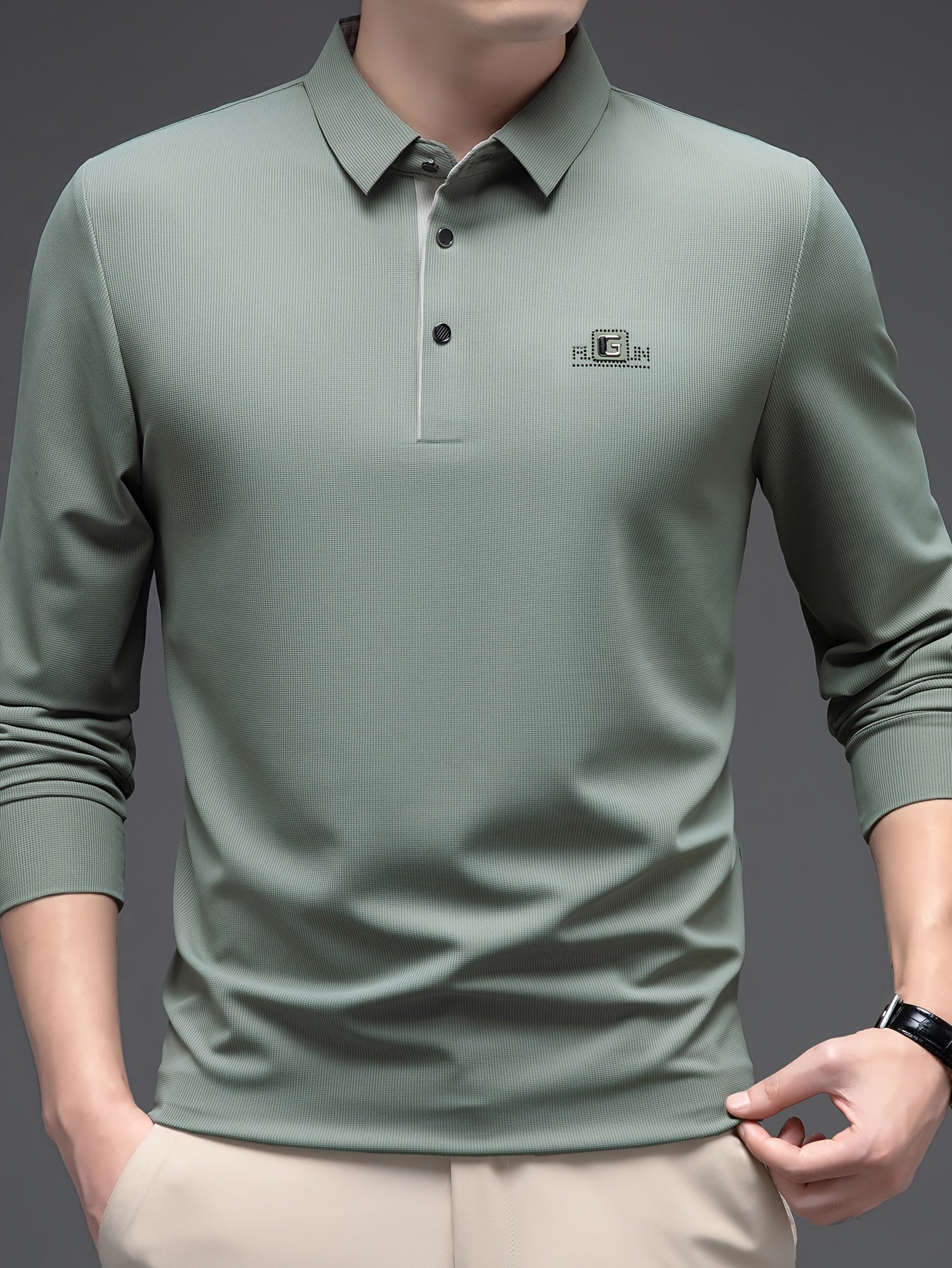 Men's lightweight long-sleeve shirt, ideal for golf and casual wear, made with breathable polyester blend.