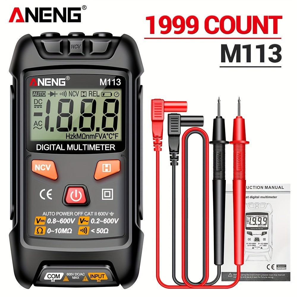 ANENG M113 Mini Digital Multimeter with 1999 Counts for AC/DC Voltage Meter, Battery Powered, ABS Material, NCV Induction, Auto Recognition, Resistance/ON/OFF, Electricity Measuring Tool.