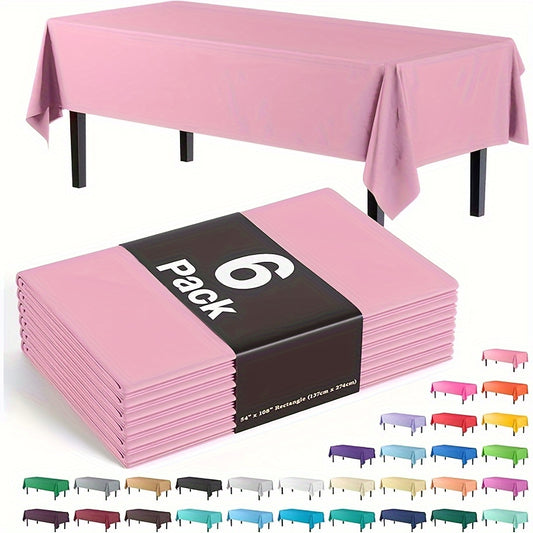 6 pieces of disposable rectangle table covers made of solid color plastic material, measuring 137.16 X 274.32 cm. Suitable for indoor or outdoor events and birthday party decor.