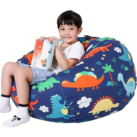 Blue canvas bean bag featuring colorful dinosaur print, perfect for storing toys, dolls, and clothes. Doubles as a cozy reading nook and home decor in a youngsters' room.