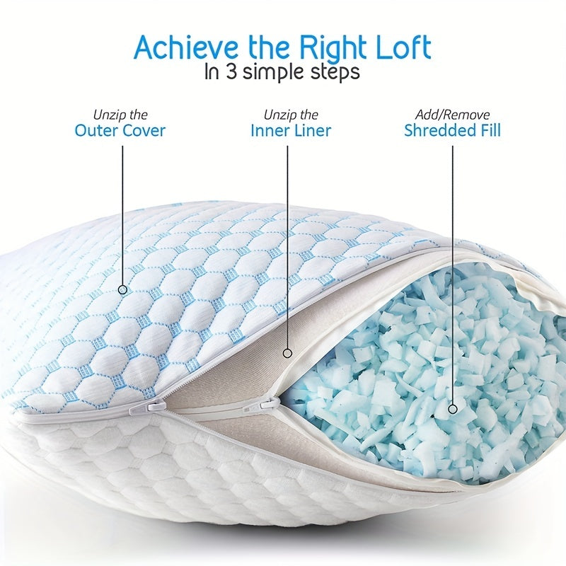 1 piece Queen Size Cooling Memory Foam Pillow with Adjustable Loft for a comfortable night's sleep. This Breathable Queen Pillow comes with a washable removable cover that can be adjusted for firmness or softness. Perfect for side, back, stomach, and hot