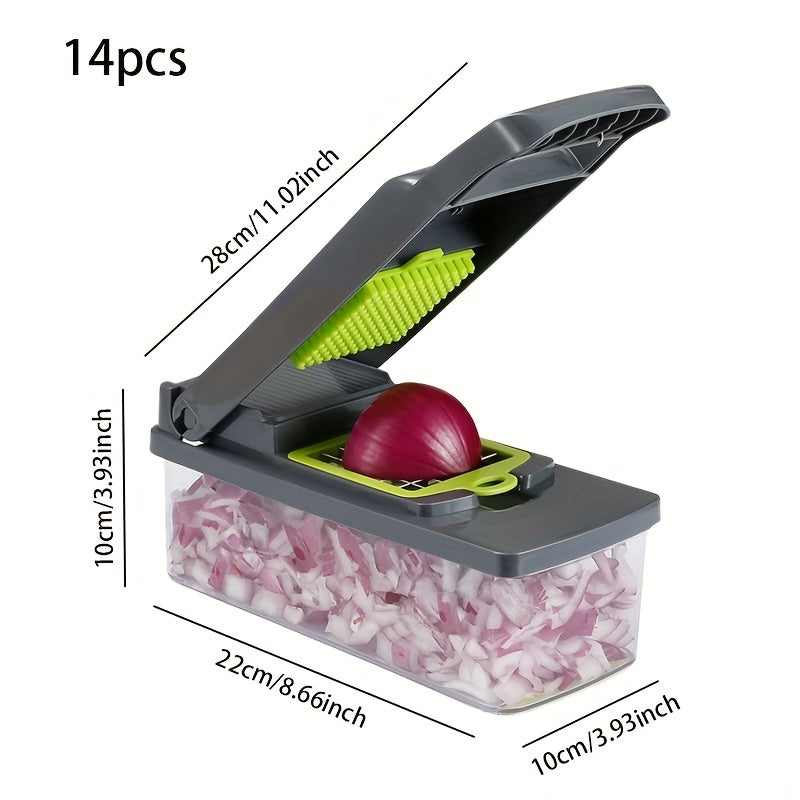 Kitchen slicer set with 14/16 pieces, featuring a manual vegetable cutter dicer shredder with durable stainless steel blades. Made of plastic in a rectangle shape, no power supply required.