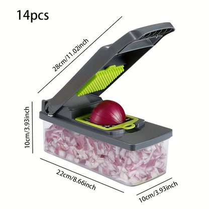 Kitchen slicer set with 14/16 pieces, featuring a manual vegetable cutter dicer shredder with durable stainless steel blades. Made of plastic in a rectangle shape, no power supply required.