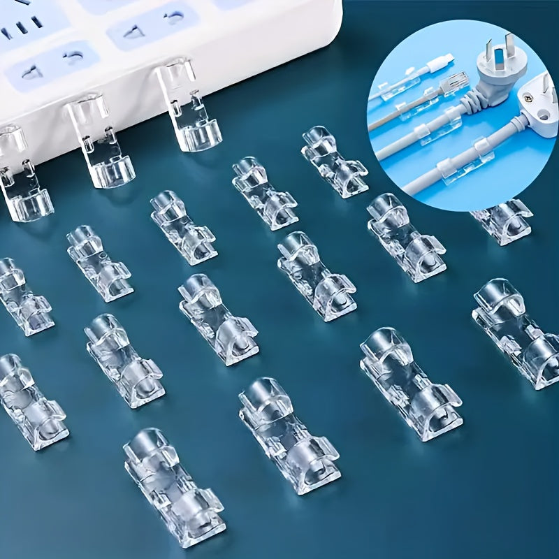 20/60pcs Self-Adhesive Clear Plastic Cable Clips for versatile cord management on walls and desks, ideal for computers, offices, indoors and outdoors, and camping.