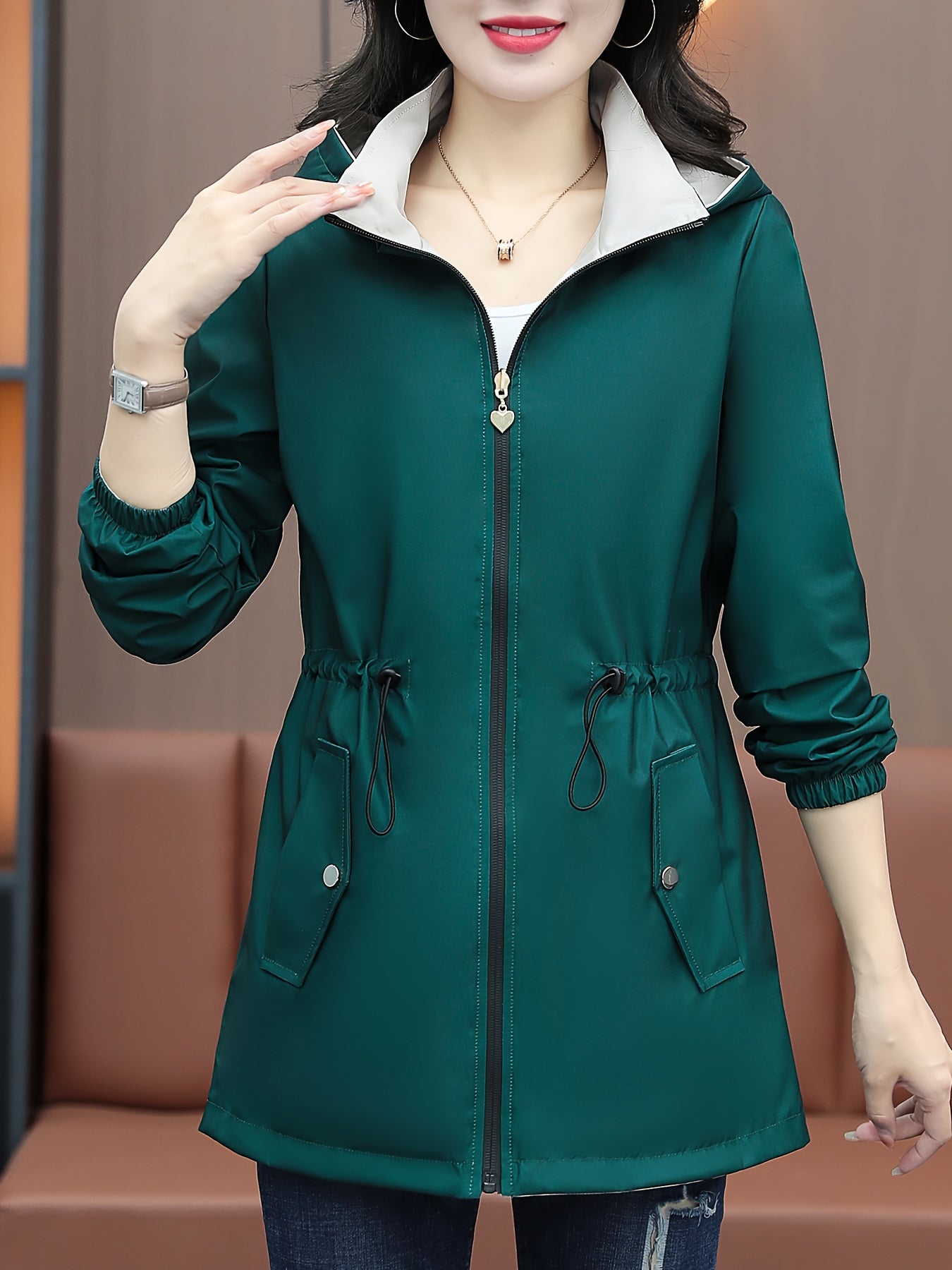 Women's Casual Zip-up Hoodie Windbreaker Jacket with Drawstring Waist, perfect for Spring & Fall.