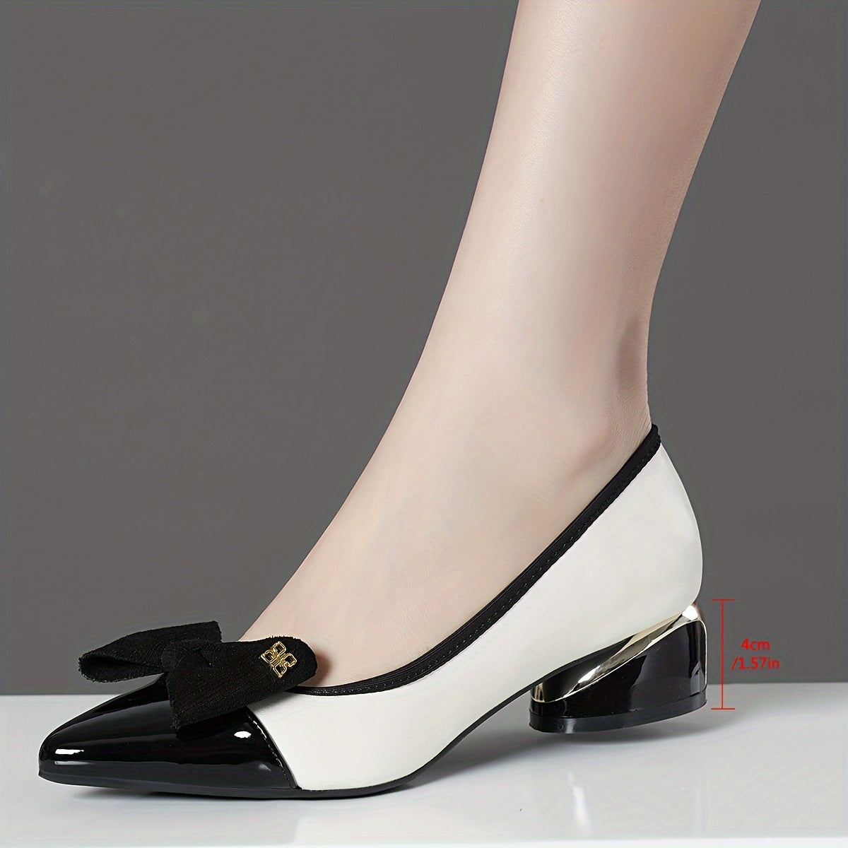 Chunky heels with bowknot decor and point toe, slip on style for stylish dress pumps.