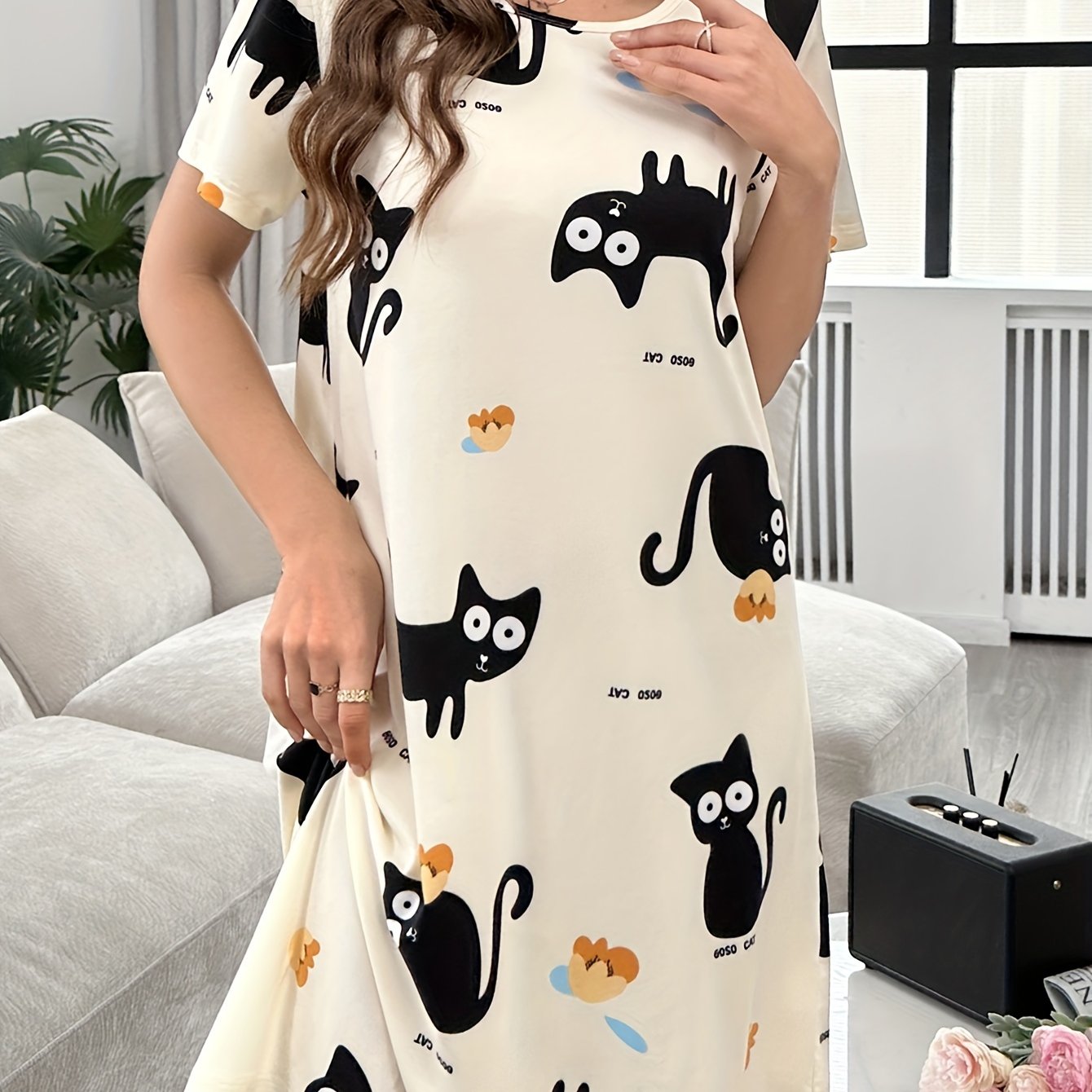 Cartoon Cat Print Nightdress for Women, Short Sleeve Sleep Dress