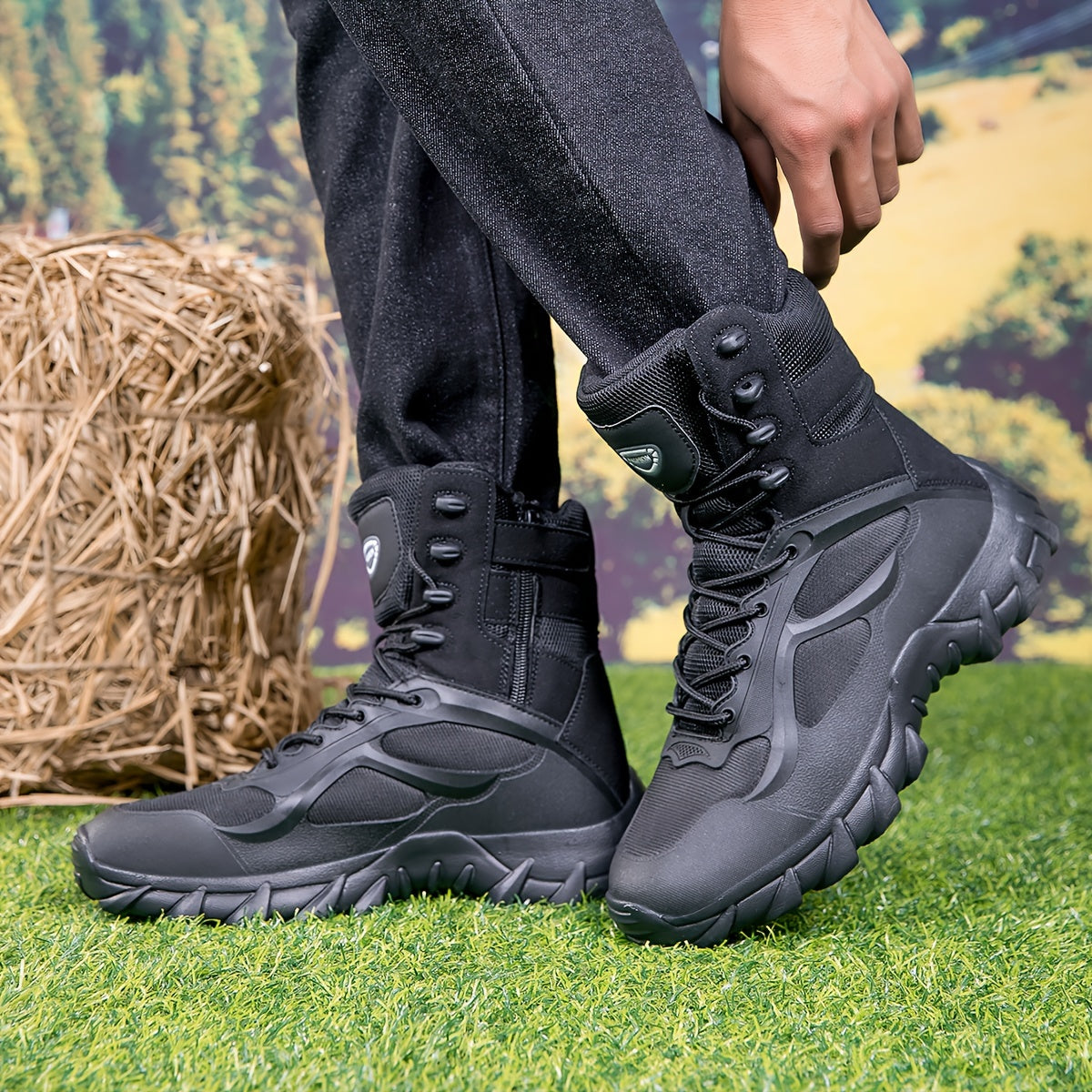 High-top hiking boots for men with durable PU and fabric upper, cushioned EVA insole, and rugged MD sole - perfect for hiking and outdoor activities.