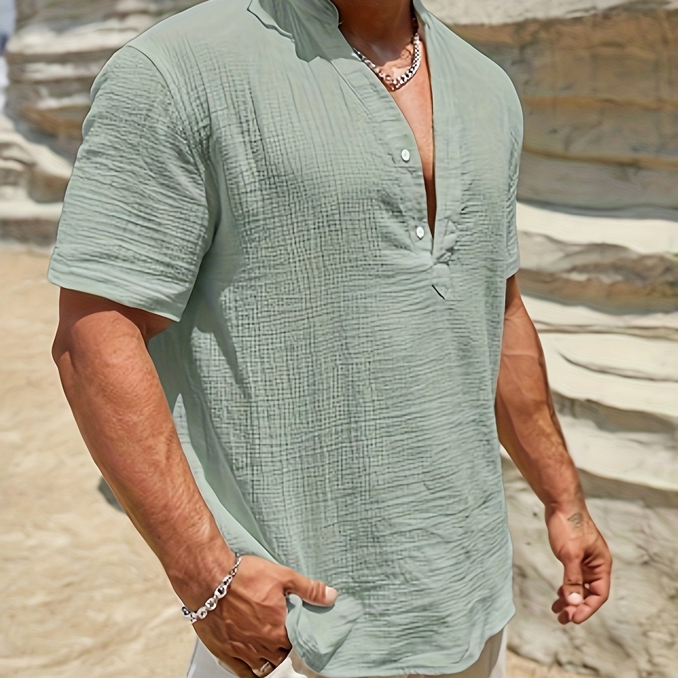 Men's plus size cotton shirt with stand collar, perfect for summer.