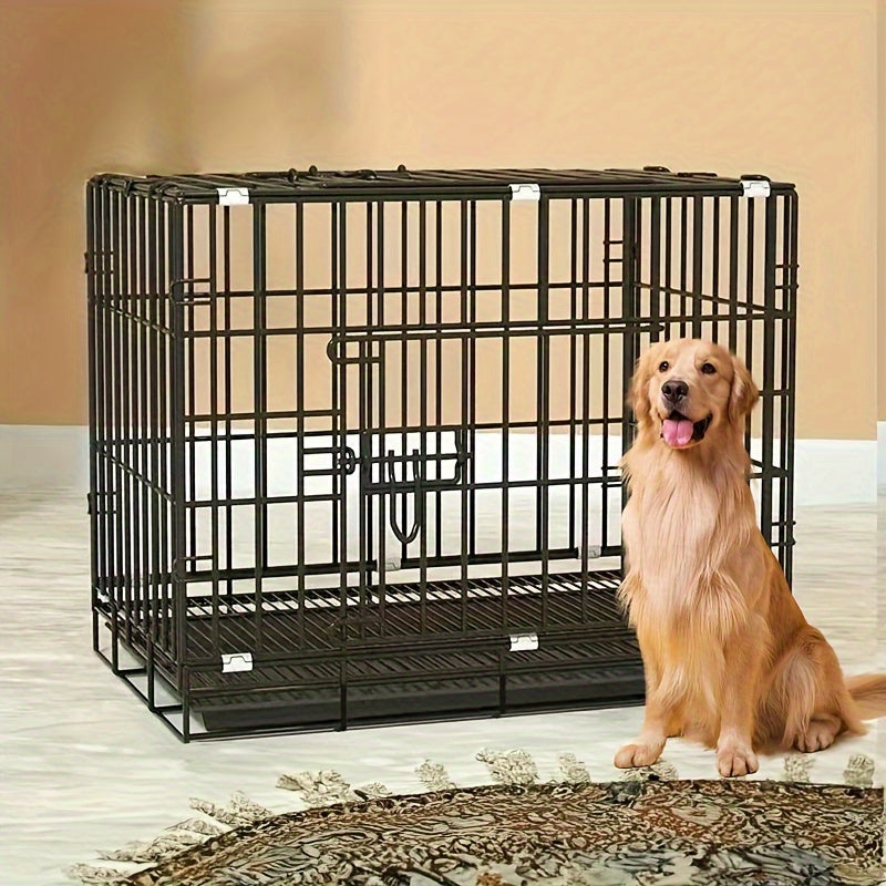 5-piece dog cage set includes feeder, tray, and mat. Foldable wire kennel for medium breeds, perfect for indoor use.