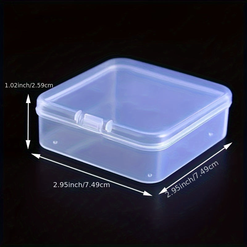 Small transparent storage boxes with hinged lids, ideal for storing stickers and other accessories. Can also be used as a portable organizer for various items. Available in packs of 5 or 10.