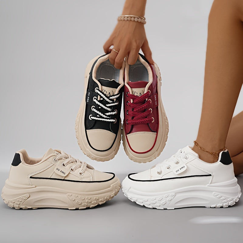 Stylish women's high-top sneakers in black & white, red & white, and beige. Thick sole, comfortable for casual, sporty, and outdoor activities. Trendy and versatile casual footwear with