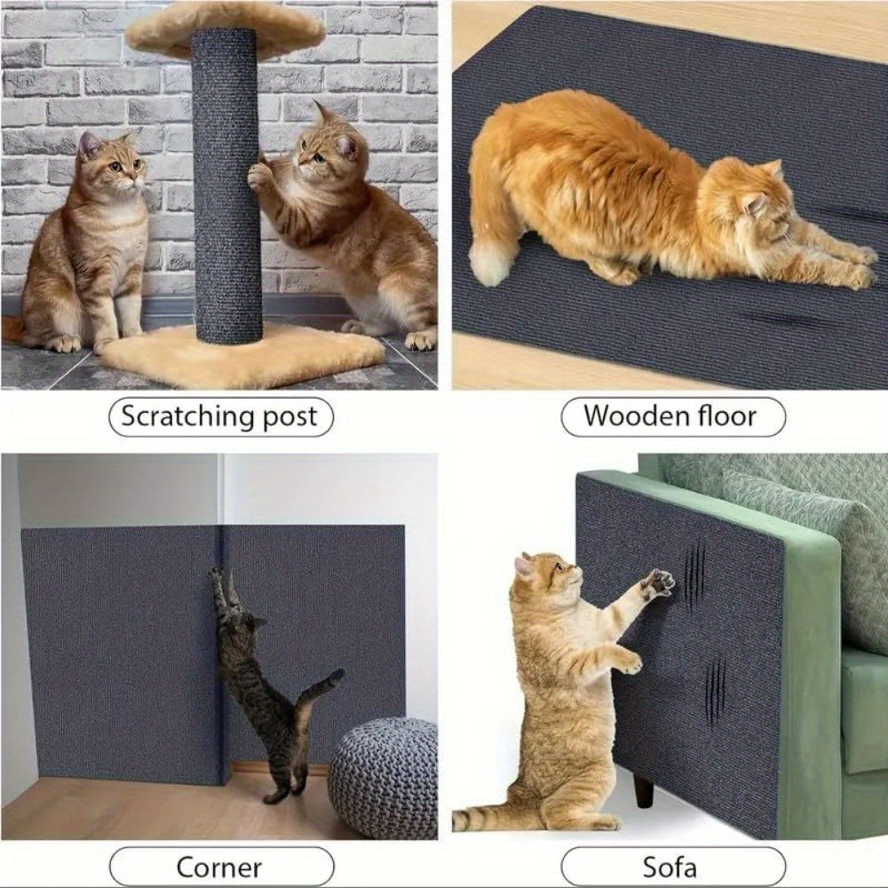 Self-adhesive cat scratching mat protects furniture with customizable sisal pad for couches, sofas, and carpets.