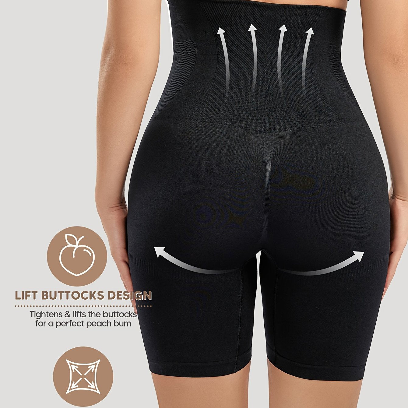 Women's high-waist shaping shorts with tummy control, butt lifting, and back support. Features comfortable elastic waistband, solid color, and is machine washable.