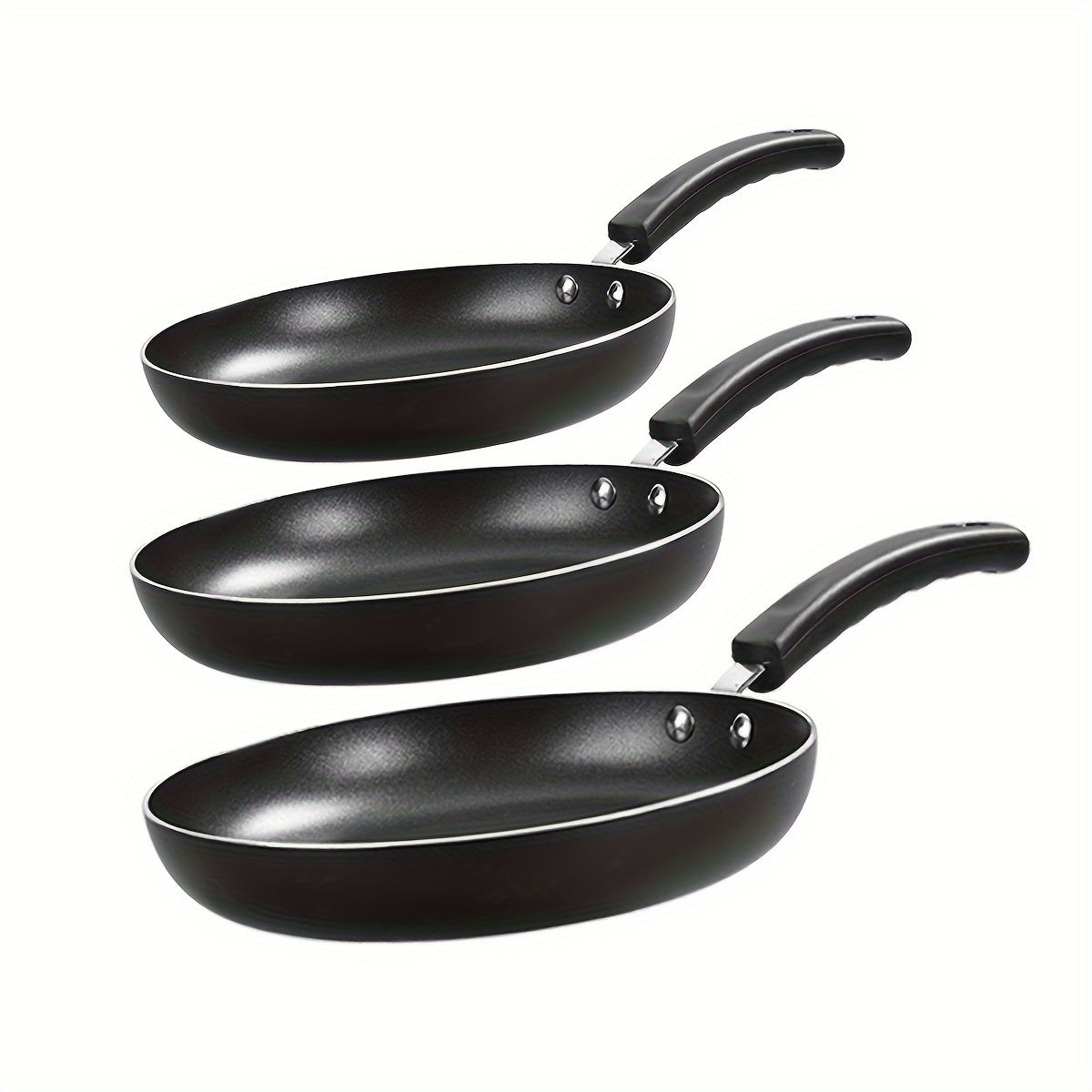 Set of 3 nonstick frying pans, suitable for induction cooking. Includes pans in sizes 20.32cm, 24.13cm, and 27.94cm, perfect for making omelettes and frying eggs. PFOA and PFAS free, safe for kitchen cooking.