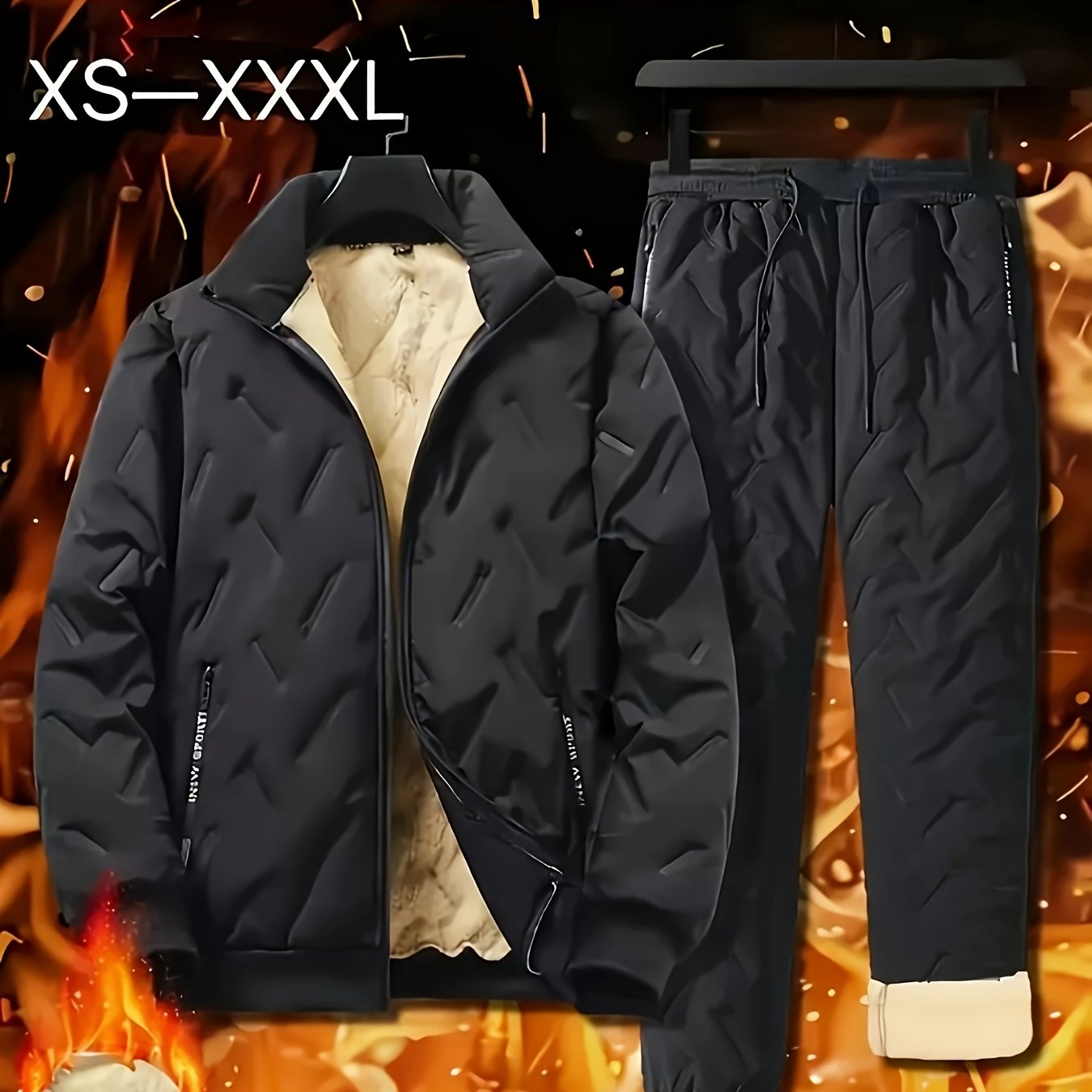 Men's casual sportswear set featuring velvet-lined polyester with stand collar, pockets, long sleeve zip-up jacket, and joggers for fall/winter season.