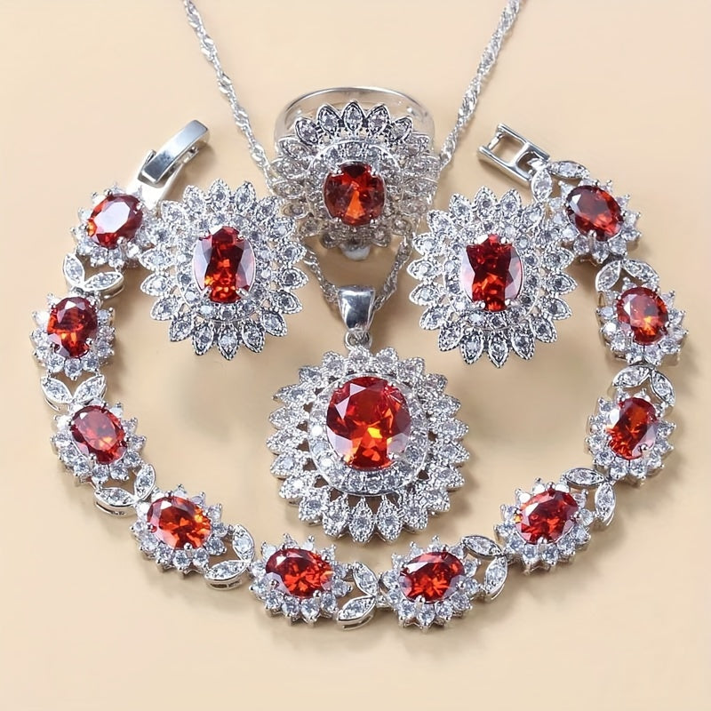 Beautiful Sunflower Jewelry Set for Women - Includes Cubic Zirconia Earrings, Ring, Necklace, and Bracelet - Silver Plated, Ideal for Weddings and Vacations