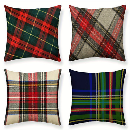 Red & green plaid pillowcase with classic Christmas design, polyester linen blend, zip closure. Ideal for home & party decor. Pillow insert not included.