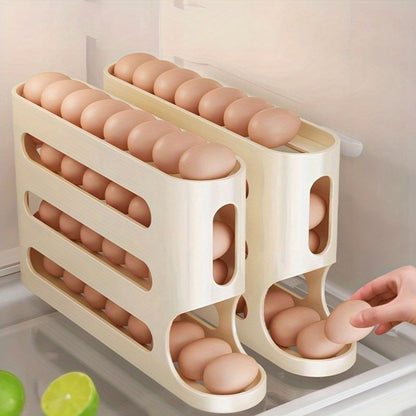 Rolling egg holder for refrigerator with large capacity, stackable and BPA-free. No batteries needed.