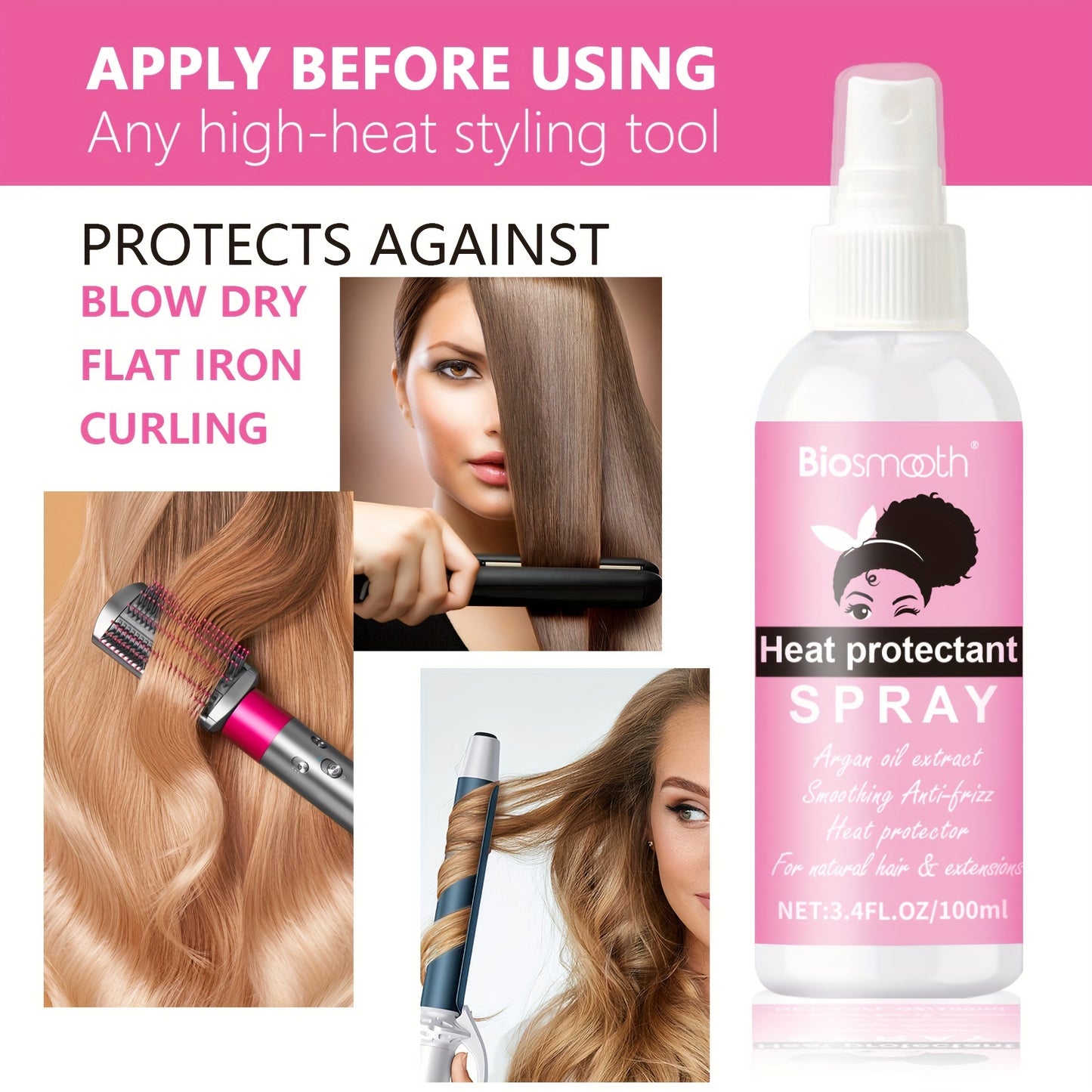 Biosmooth Heat Protectant Spray, 100ml - Moisturizing & Smoothing for All Hair Types.