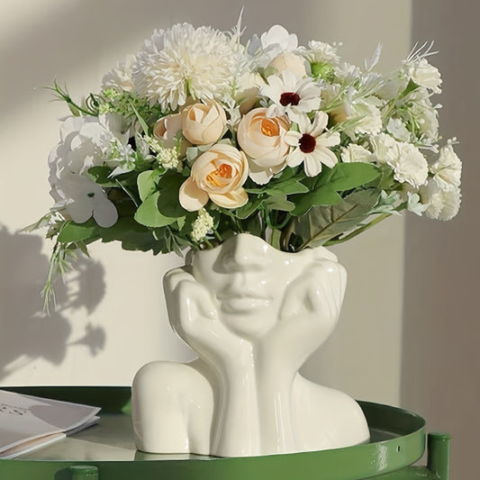 Resin vase with human face design, Nordic home decor, white double-handled vase for tabletop floral display.