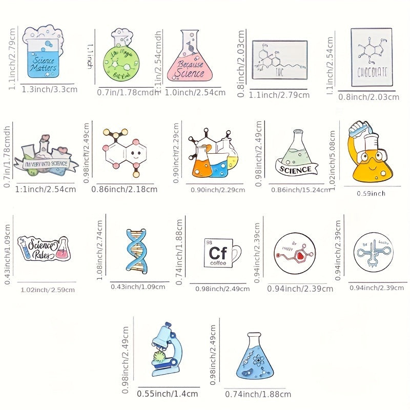 Set of 20 Enamel Science Brooches in Cartoon Academic Style, featuring Chemistry-themed badges including a Beaker, Microscope, DNA, and Alcohol Lamp. Perfect for adding a fun and unique touch to lab coats, bags, and clothing.