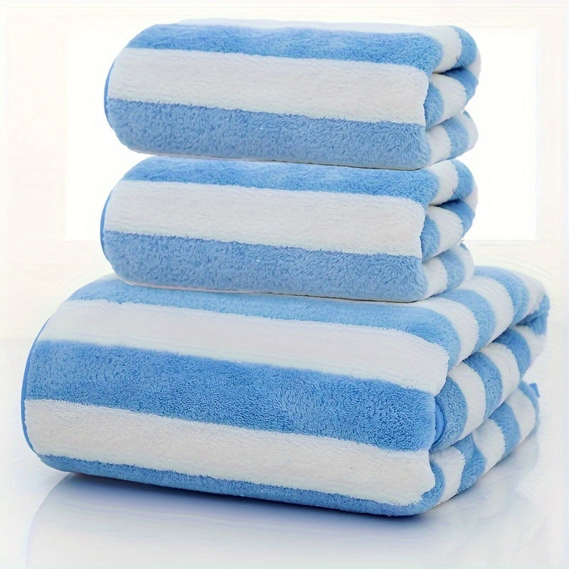 3-piece striped towel set includes 1 bath towel and 2 hand towels. Soft, absorbent, and quick-drying for the bathroom.