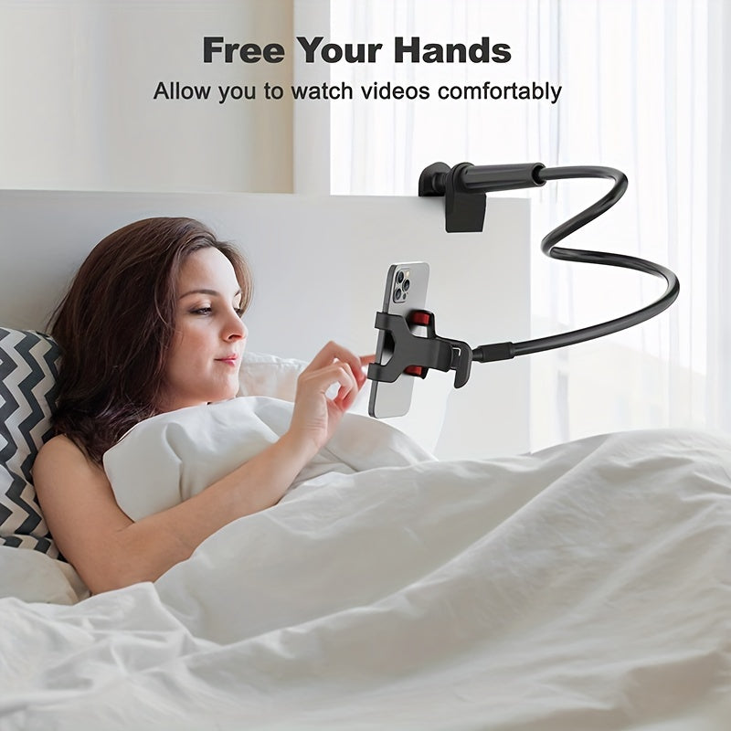 Flexible Gooseneck Phone Holder with 75.01 cm arm length, 360° adjustable clamp clip, suitable for bed, desk, and all cellphones.