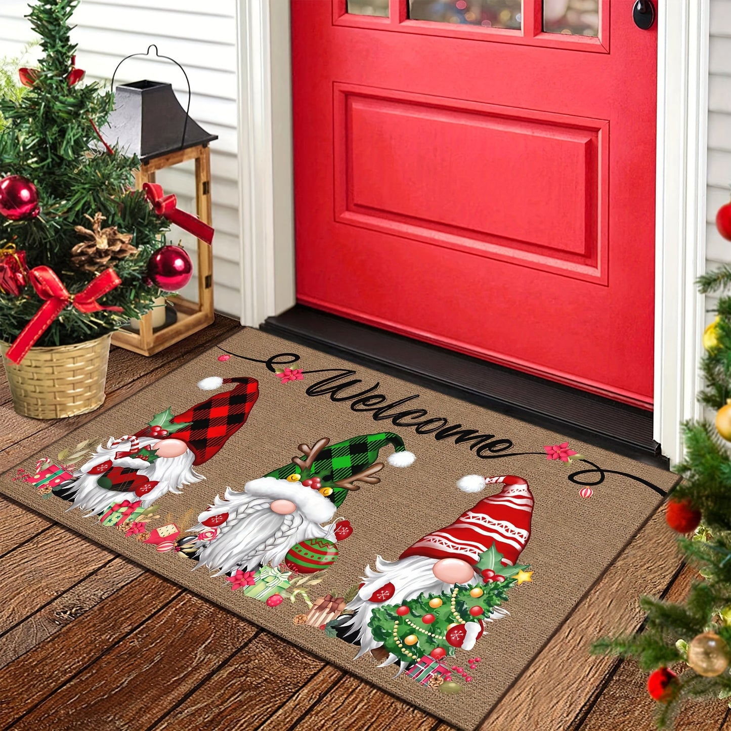 Celebrate the Holidays with This Festive Christmas Gnome Welcome Doormat! Made from Durable 100% Polyester, this 6mm Thick Mat Features Three Adorable Gnomes with Seasonal Charms. The Non-Slip Rubber Backing Keeps it Securely in Place, and it's Machine