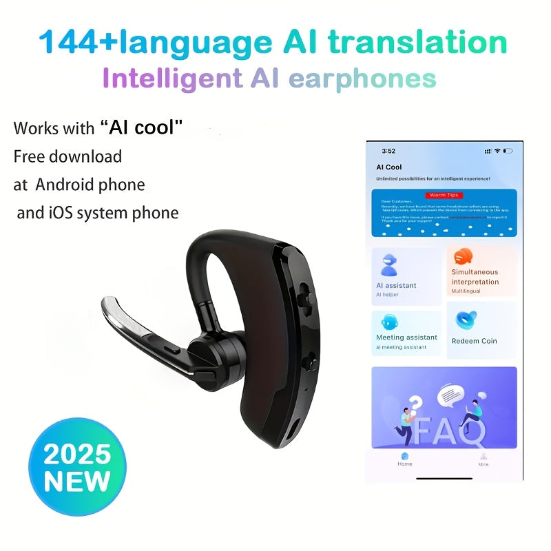 AI Translation Headphones with real-time bilingual translation for travel, business, and study. Features include 144+ languages, USB-C charging, wireless connectivity, and a 55mAh lithium