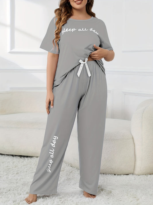 Cute plus-size pajama set with printed top and casual pants.