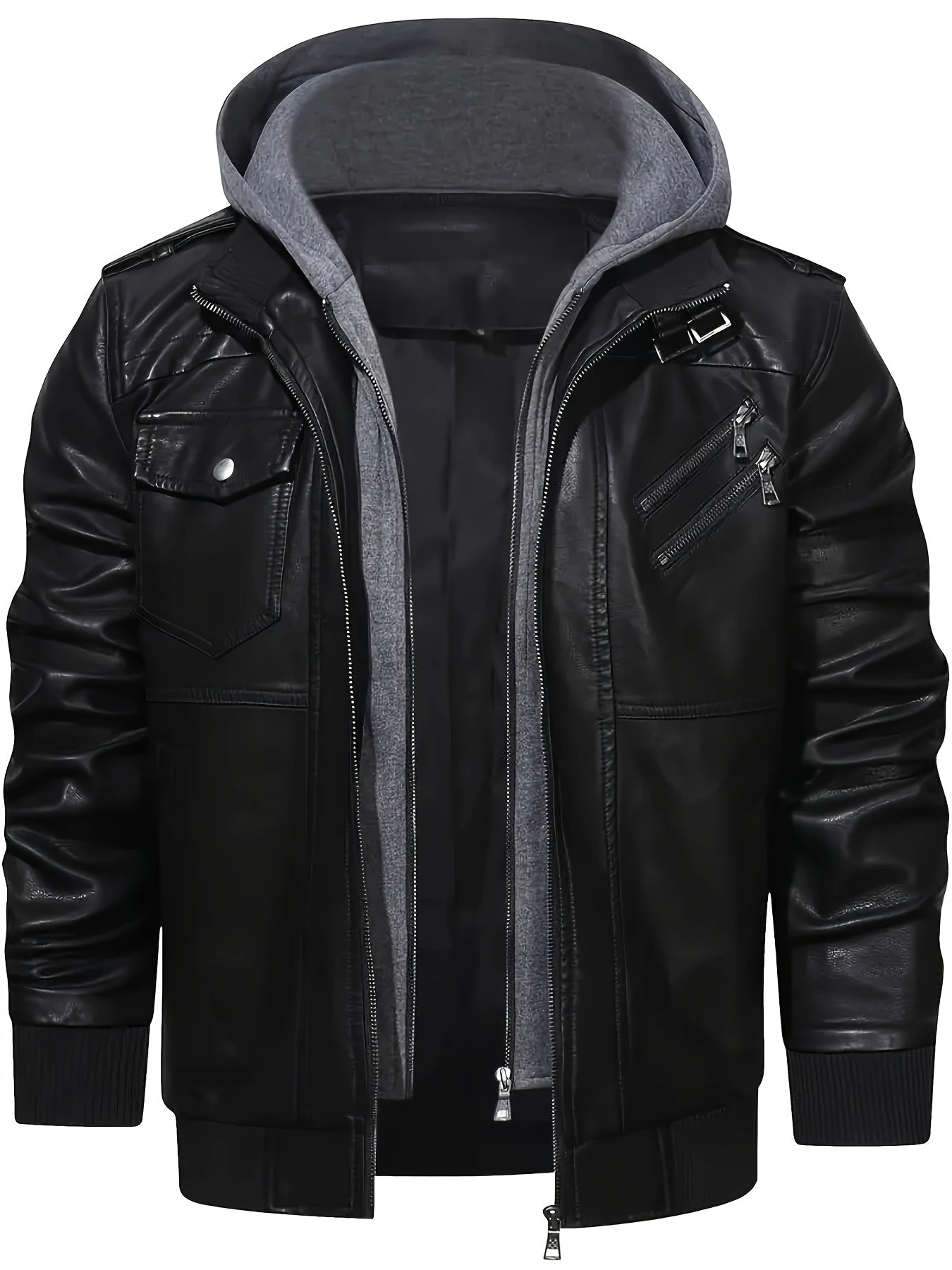 Men's casual faux leather jacket with hood, multi-pocket design, regular fit, solid color, polyester lining, woven fabric - Pearson OBM.