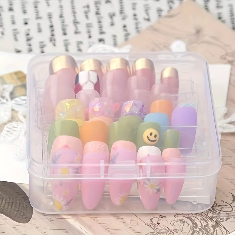 Small transparent storage boxes with hinged lids, ideal for storing stickers and other accessories. Can also be used as a portable organizer for various items. Available in packs of 5 or 10.