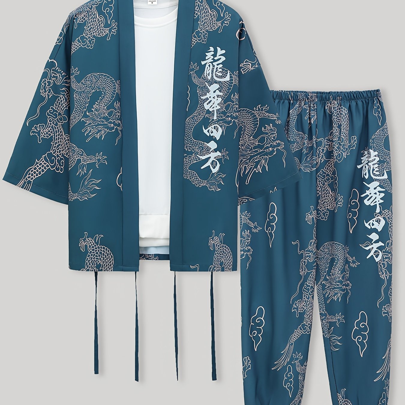 Men's dragon print pajama set for casual wear, featuring a Japanese-inspired mid-sleeve top and long pants made of breathable polyester, machine washable.