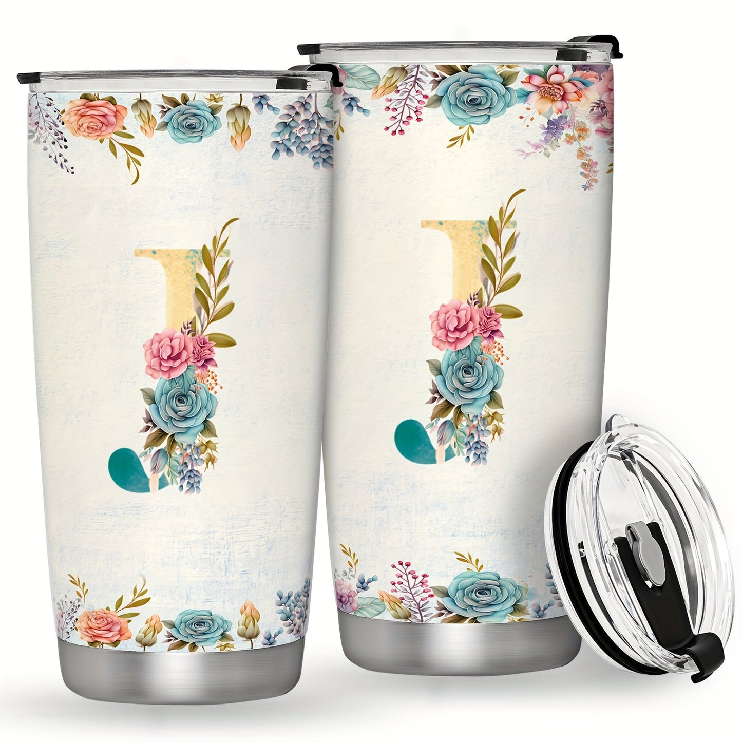 20oz Stainless Steel Tumbler with Initial Monogram, Floral Design, Leak Proof Lid, Perfect for Outdoor Activities, Great Gift for Holidays.