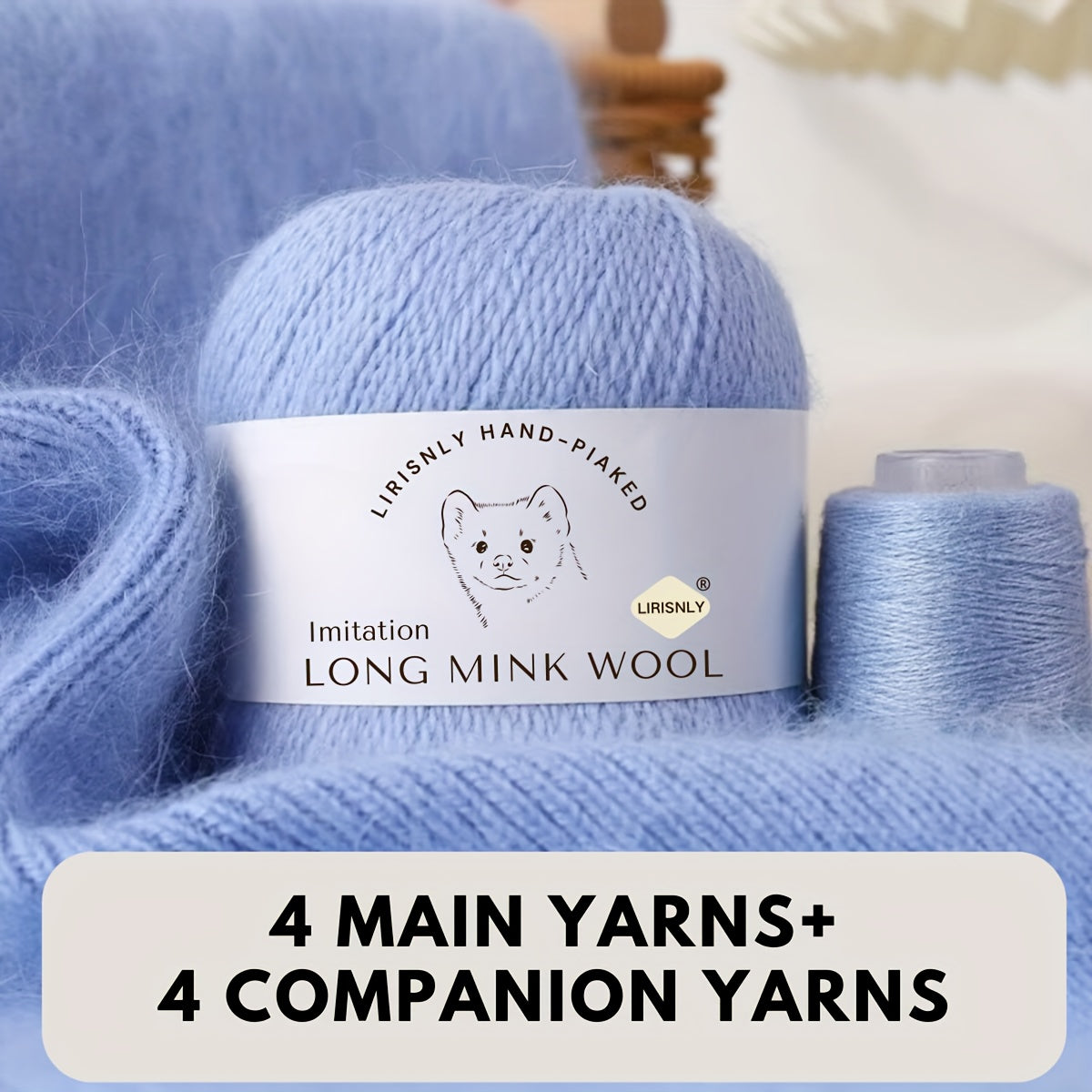 4pcs of faux mink wool and long wool totalling 280g, with 50g faux mink wool and 20g companion thread each. Skin-friendly and warm, suitable for knitting scarves, sweaters, hats, etc.