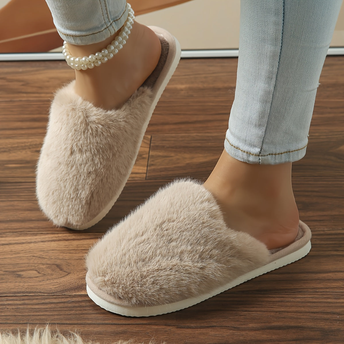 Comfy, adjustable women's slippers with plush light brown toe, warm EVA sole, soft fabric lining, and fuzzy design for indoor comfort all year round.