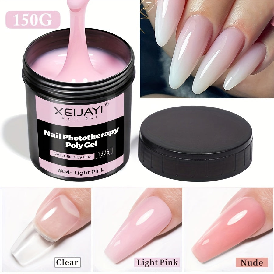 XEIYAI 150g Nail Phototherapy Polygel Gel offers pain-free construction and a glossy finish. The UV solid acrylic gel features a heart pattern and round shape, making it lightweight and