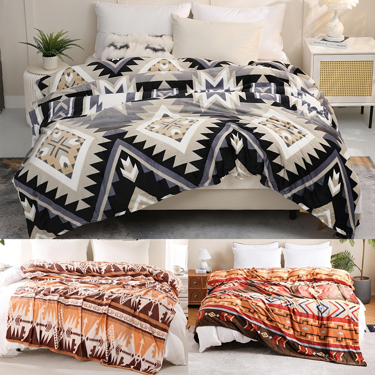 Southwest Native American Flannel Polyester Throw with Double-Sided Aztec Geometry Pattern Travel Couch Bed Blanket that is Plush, Soft, Lightweight, and Suitable for All Seasons