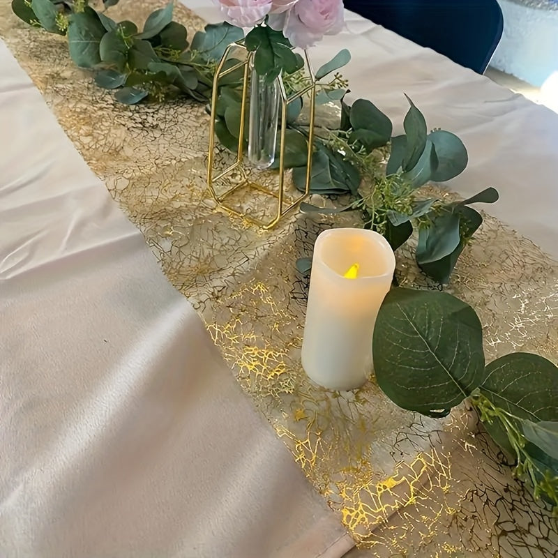 Luxurious golden sequin table runner perfect for elegant celebrations and parties with a glamorous vibe.