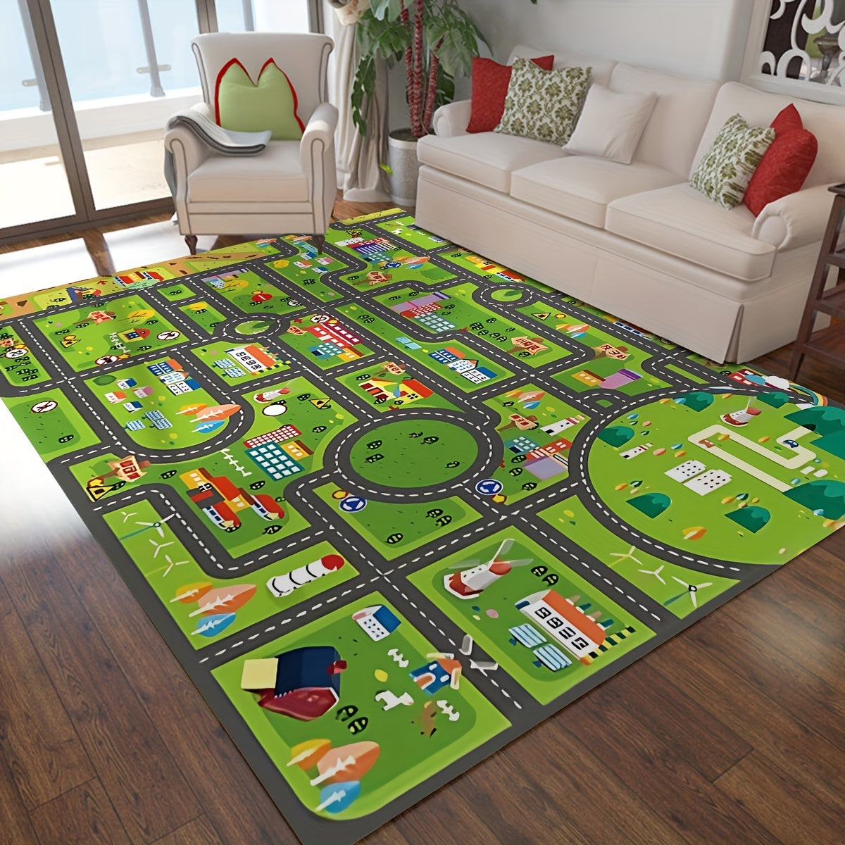 Get ready for exciting adventures with the Urban Roadscape Youngsters' Play Mat! This soft and thick flannel rug provides anti-fatigue support and is perfect for use in the kitchen, bathroom, or living room. With its non-slip design, machine washable