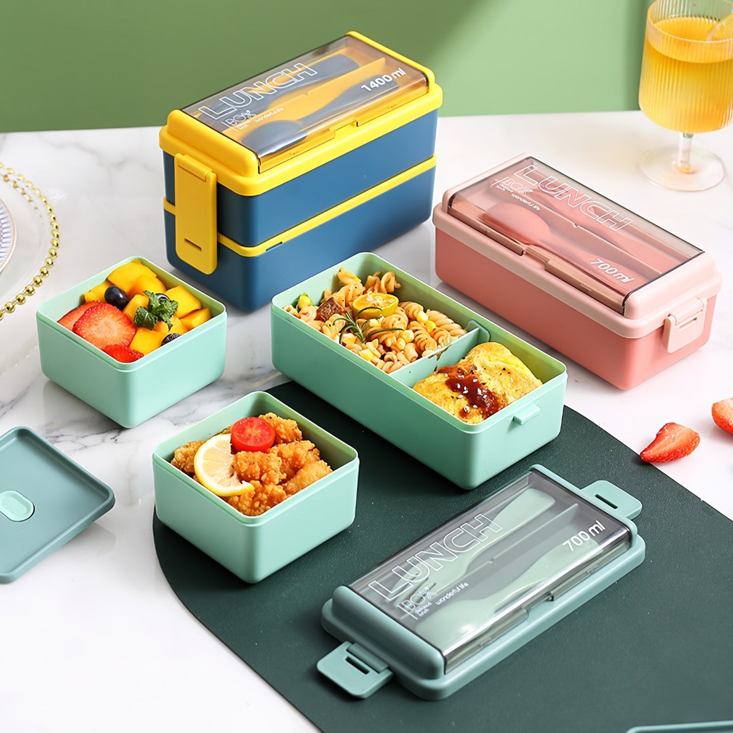 Double Layer Bento Lunch Box with Divider, Leak-proof, Microwave Safe, Made of PP Material, Ideal for Meal Prep - Available in Various Colors, 1400ml